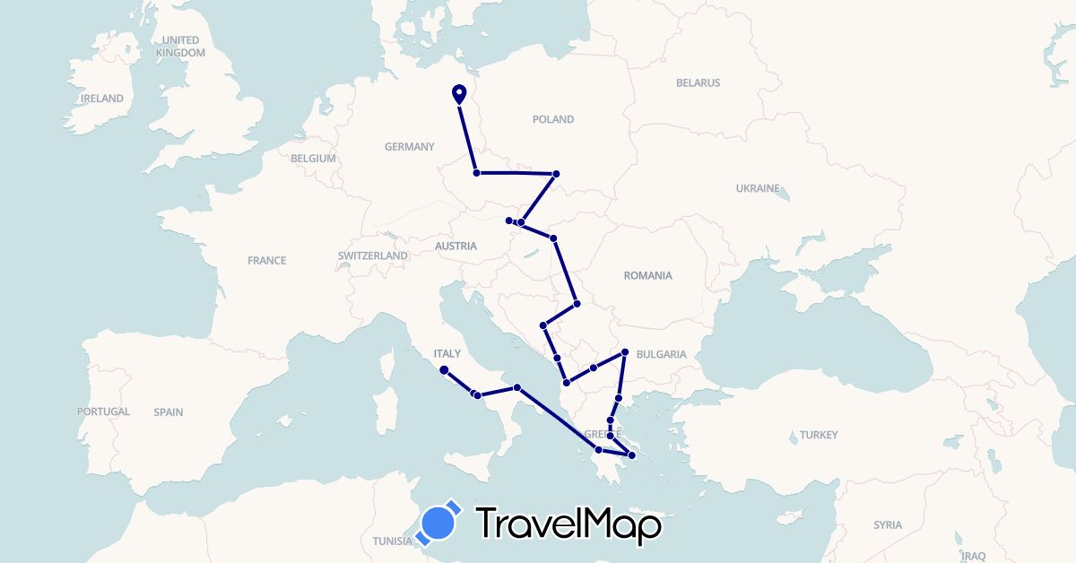 TravelMap itinerary: driving in Albania, Austria, Bosnia and Herzegovina, Bulgaria, Czech Republic, Germany, Greece, Hungary, Italy, Montenegro, Macedonia, Poland, Serbia, Slovakia (Europe)